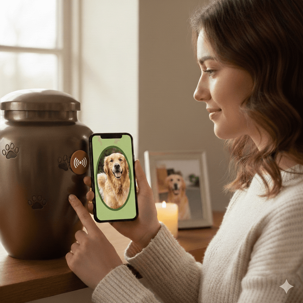 Person holding phone to a framed photo with NFC memorial tag
